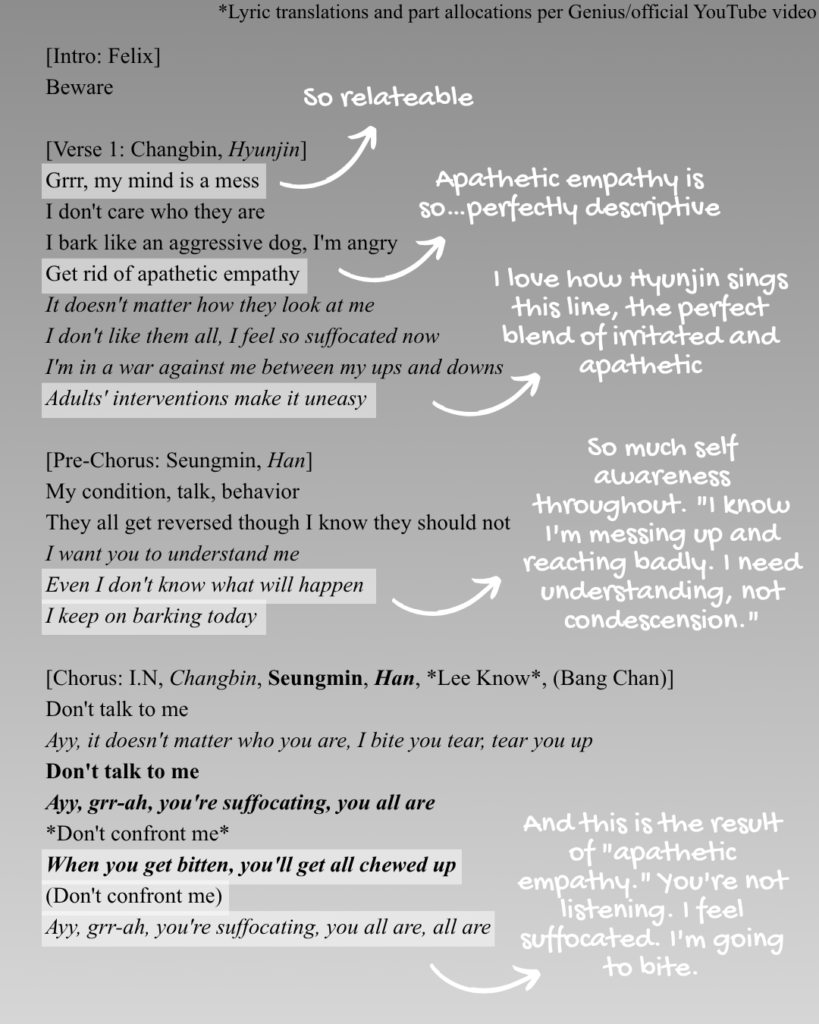 Intro, verse 1, prechorus, and chorus of "Beware (Grrr Law of Total Madness)" by Stray Kids lyrics English translations