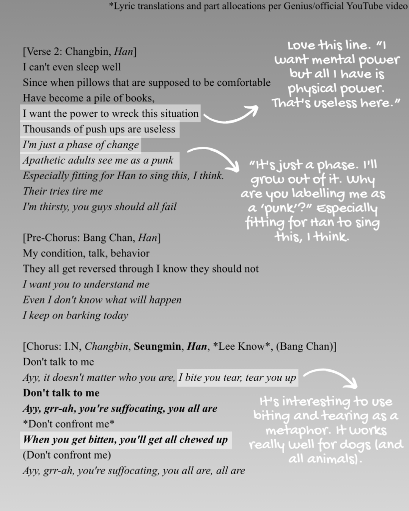 Verse 2, prechorus, and chorus of "Beware (Grrr Law of Total Madness)" by Stray Kids lyrics English translations