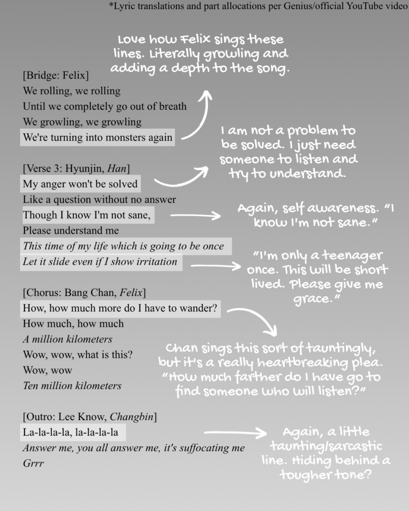 Bridge, verse 3, chorus, and outro of "Beware (Grrr Law of Total Madness)" by Stray Kids lyrics English translations