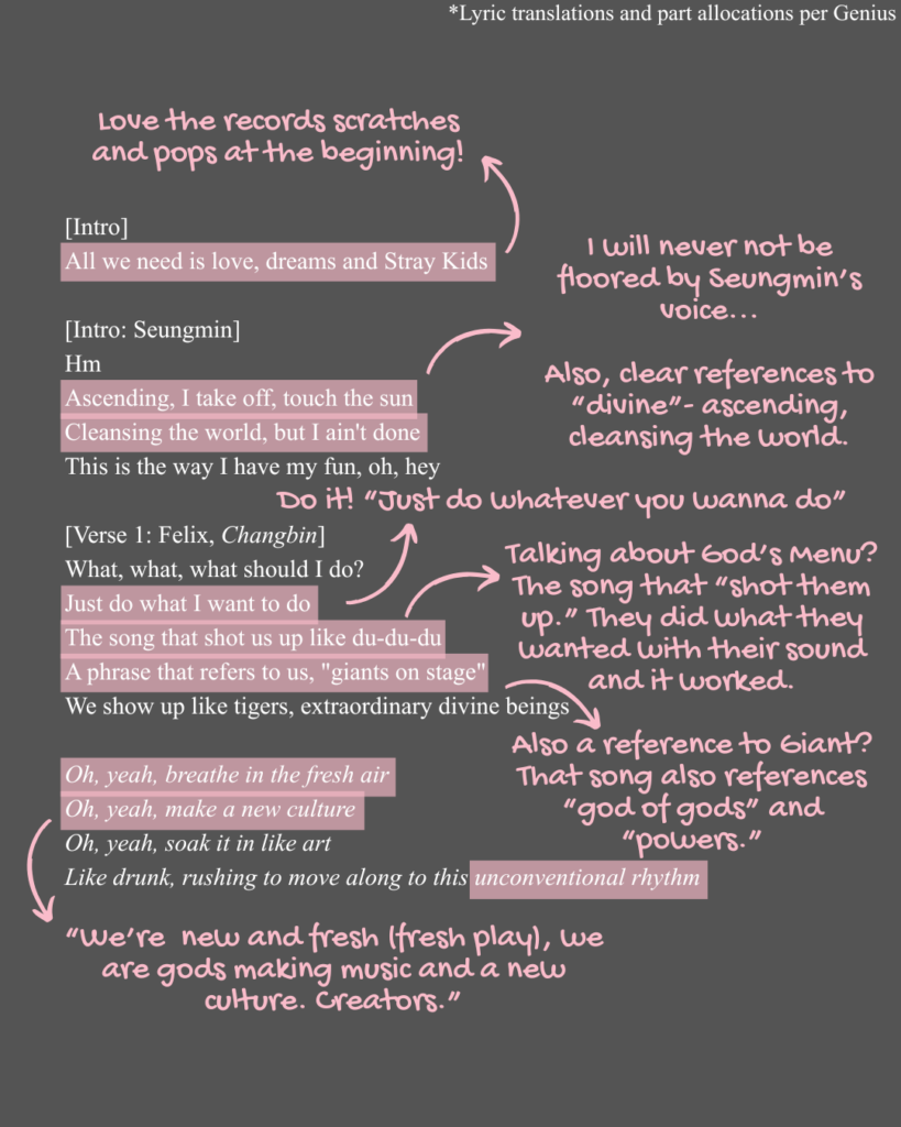 Intro and verse 1 of the English translation of "Divine" by Stray Kids.
