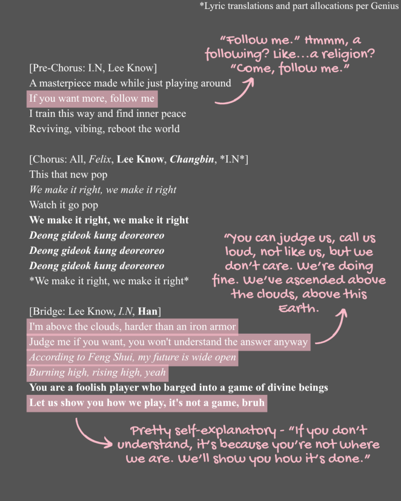 Prechorus, chorus, and bridge of the English translation of "Divine" by Stray Kids.