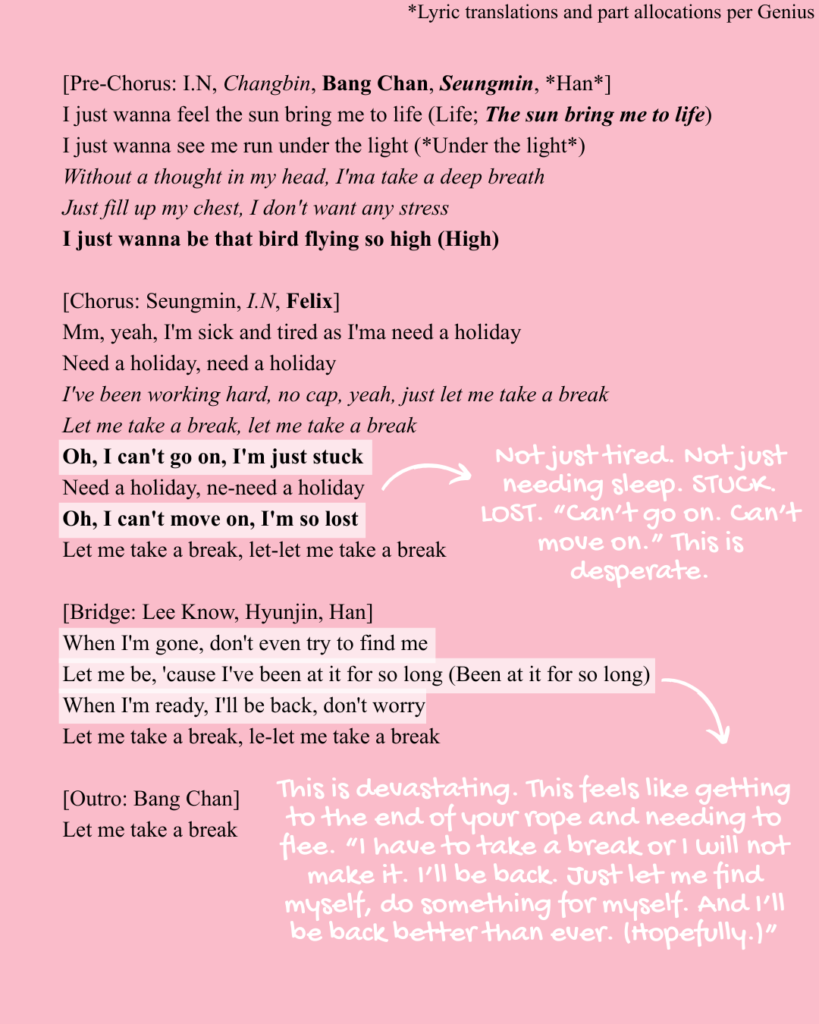 Prechorus, chorus, bridge, and outro of the English translation of Holiday by Stray Kids.