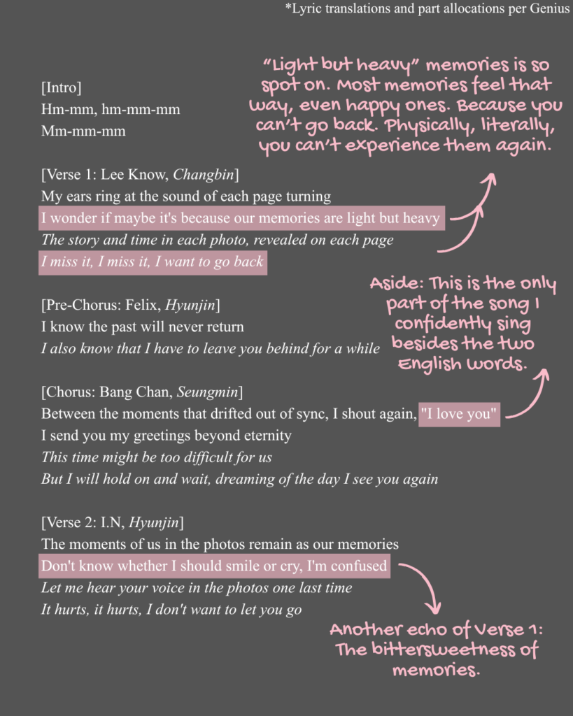 Into, verse1, prechorus, chorus, and verse 2 of the English translation of "Photobook" by Stray Kids.