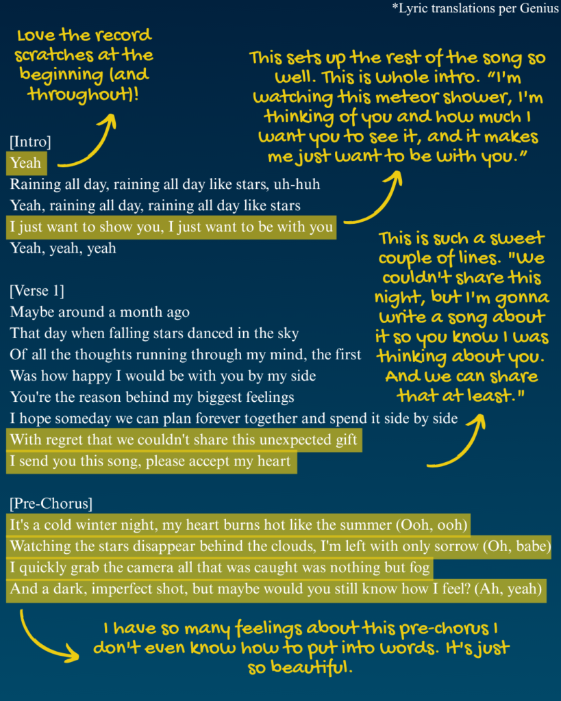 Intro, verse 1, and prechorus English translation of the lyrics of "Raining Stars" by Stray Kids' Han.