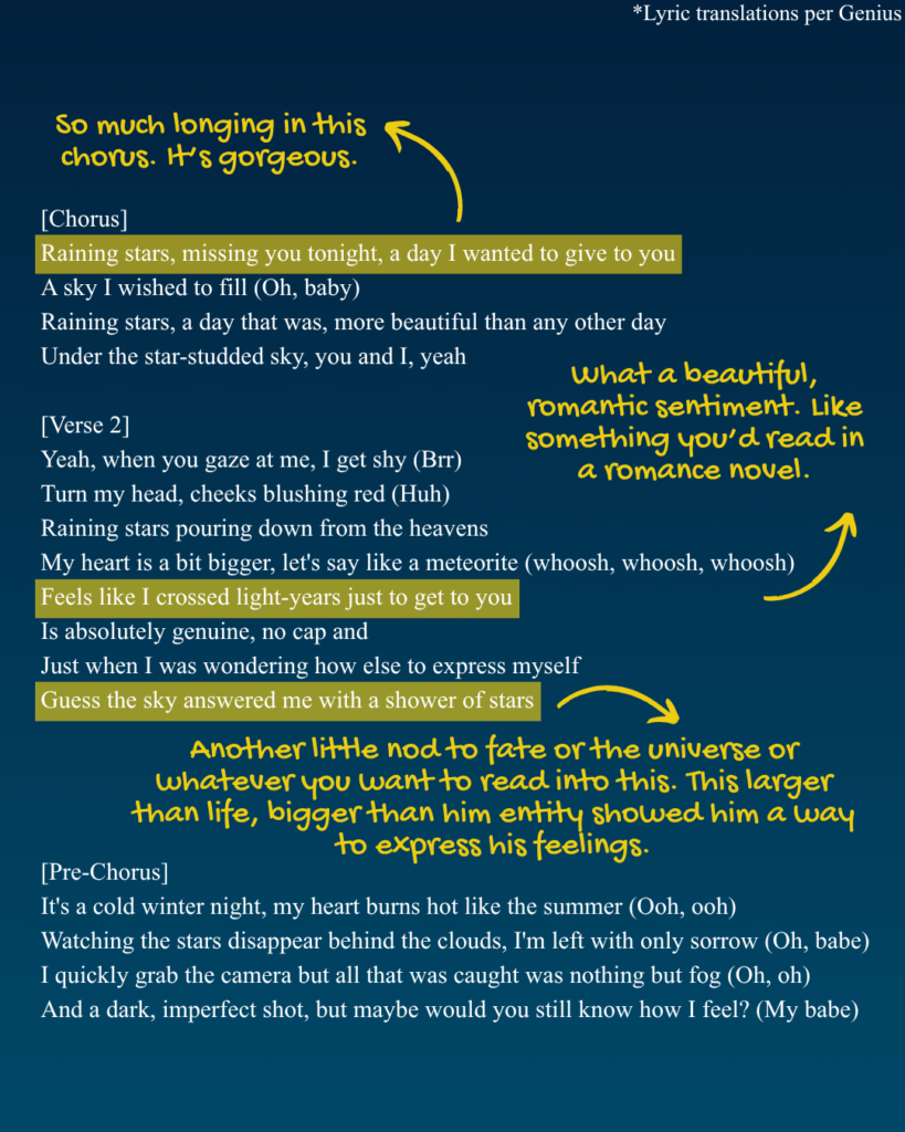 Chorus, verse 2, and prechorus English translation of the lyrics of "Raining Stars" by Stray Kids' Han.