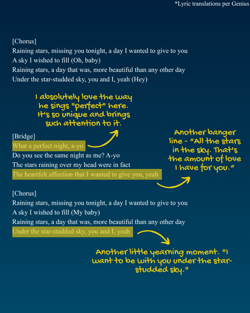 Chorus and bridge English translation of the lyrics of "Raining Stars" by Stray Kids' Han.