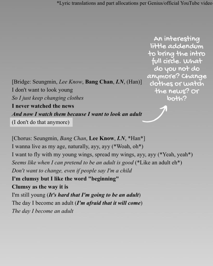 Bridge and chorus of "어린 날개(Spread My Wings)" by Stray Kids lyrics English translations
