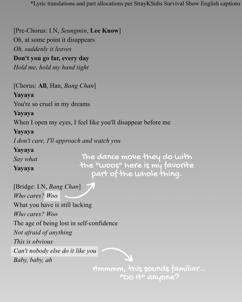 Prechorus, chorus, and bridge of "YAYAYA" by Stray Kids lyrics English translation.
