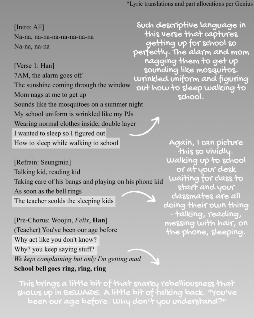 Intro verse 1, refrain, and prechorus of Stray Kids "School Life" lyrics English translation.