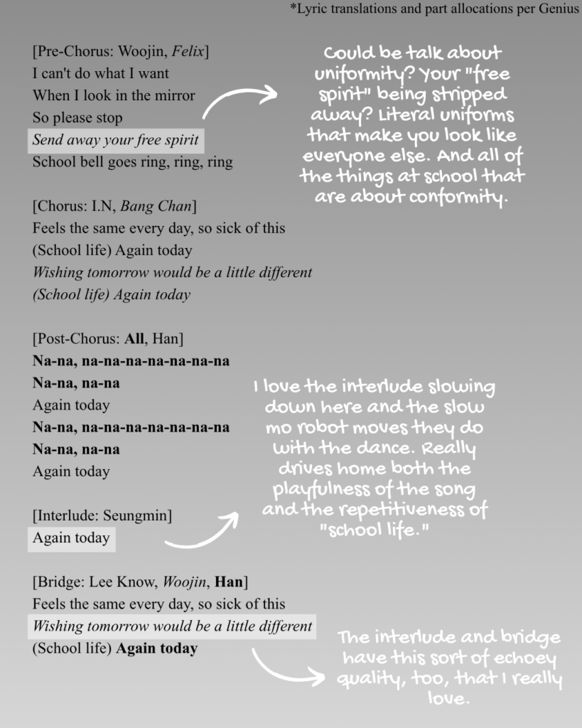 Prechorus, chorus, post chorus, interlude, and bridge of Stray Kids "School Life" lyrics English translation.