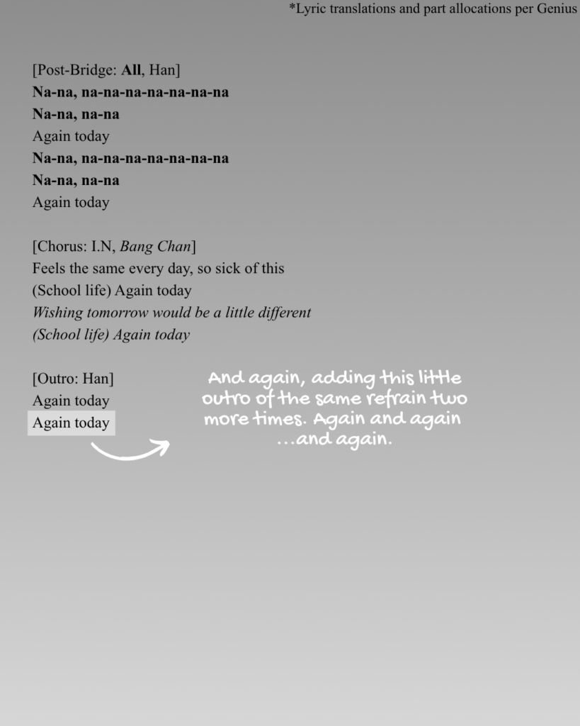 Post bridge, chorus, and outro of Stray Kids "School Life" lyrics English translation.