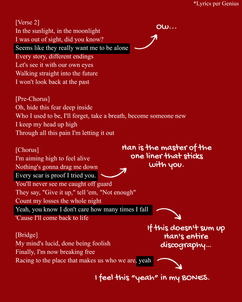 Verse 2, prechorus, chorus, and bridge of "back to life" by Stray Kids' Han.