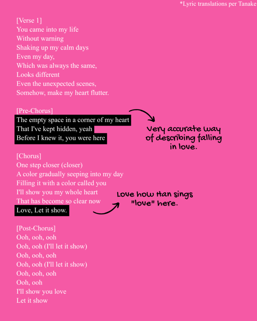 Verse 1, prechorus, chorus, and postchorus of Yumi's Cells "Let It Show" English Translations.