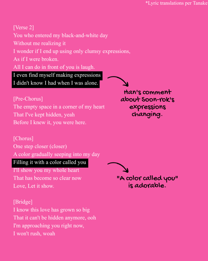 Verse 2, prechorus, chorus, and bridge of Yumi's Cells "Let It Show" English Translations.
