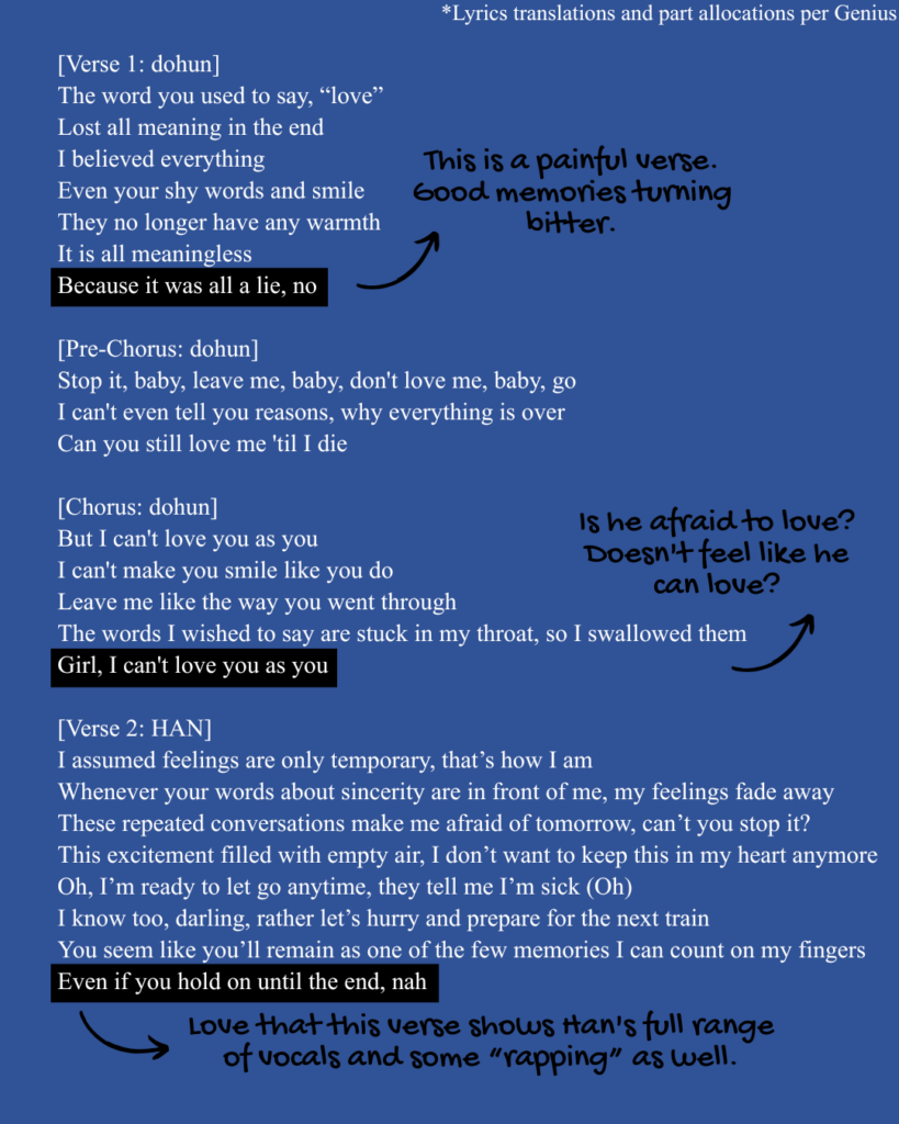 Verse 1, prechorus, chorus, and verse 2 of "can't love" by can't be blue feat. Stray Kids Han