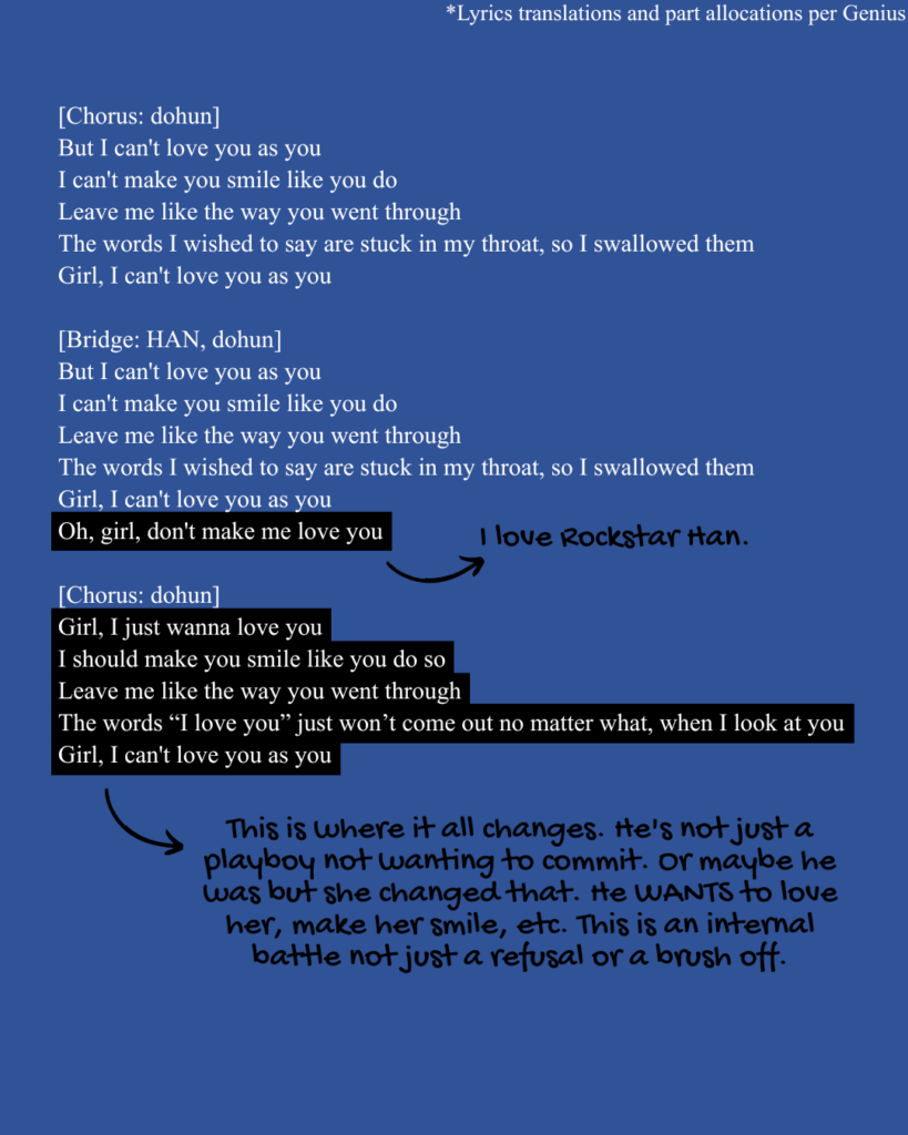 Chorus and bridge of "can't love" by can't be blue feat. Stray Kids Han