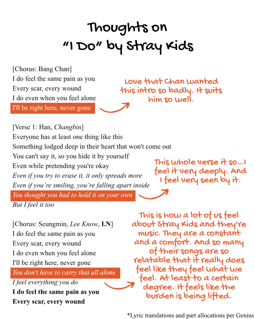 Chorus, verse 1, and chorus of "I Do" lyrics English translations.