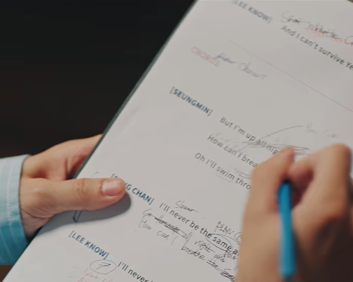 Seungmin's name on Han's lyric sheet in "After You" music video.