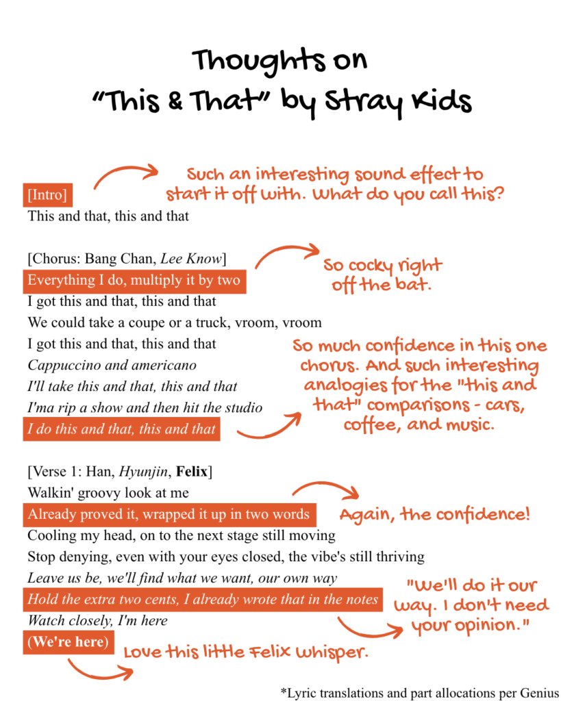 Intro, chorus, and verse 1 of Stray Kids' "This & That" English lyrics translation.