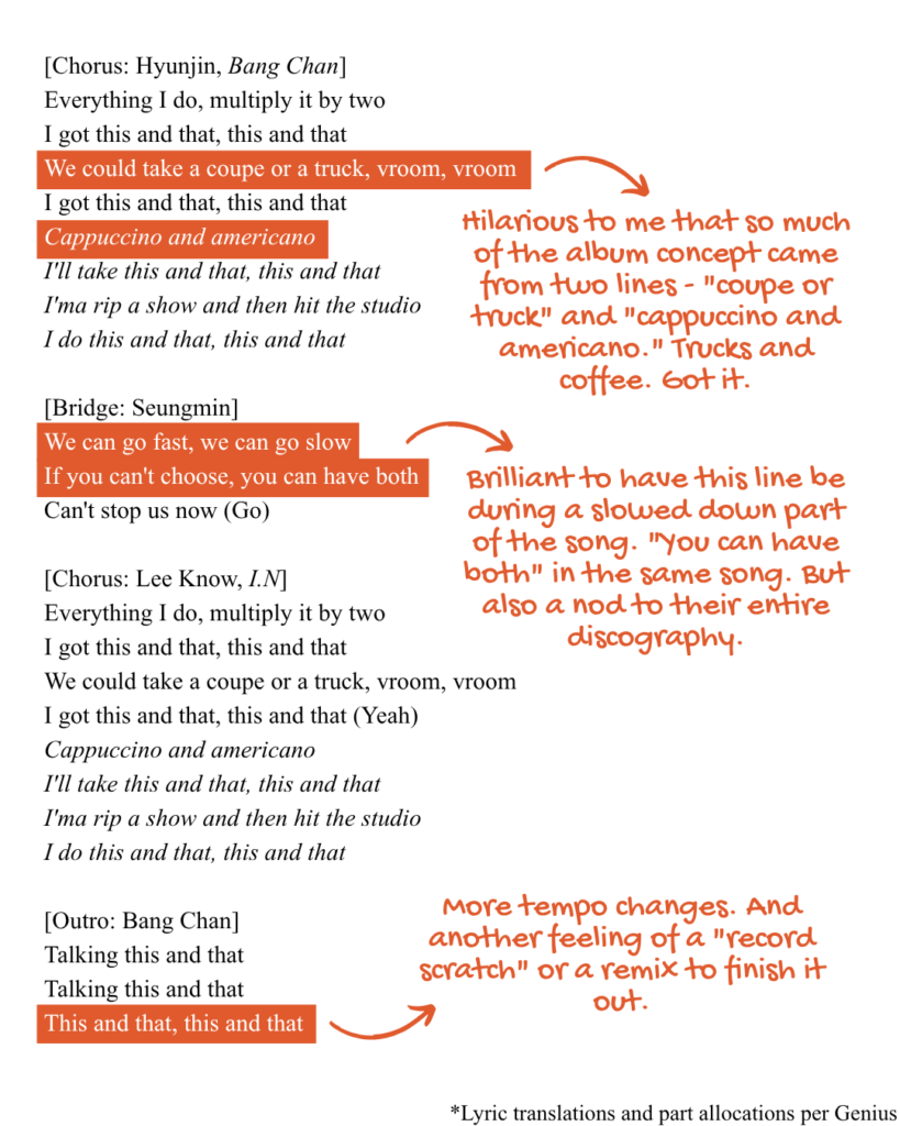 Chorus, bridge and outro of Stray Kids' "This & That" English lyrics translation.